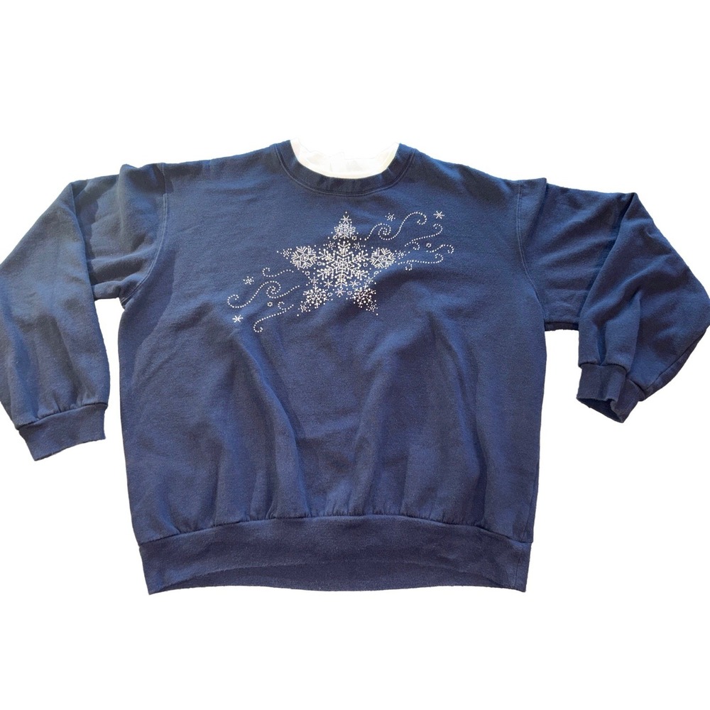 Vintage 90's Grandma Bejeweled Morning Sun Snowflake Sweatshirt Navy Large